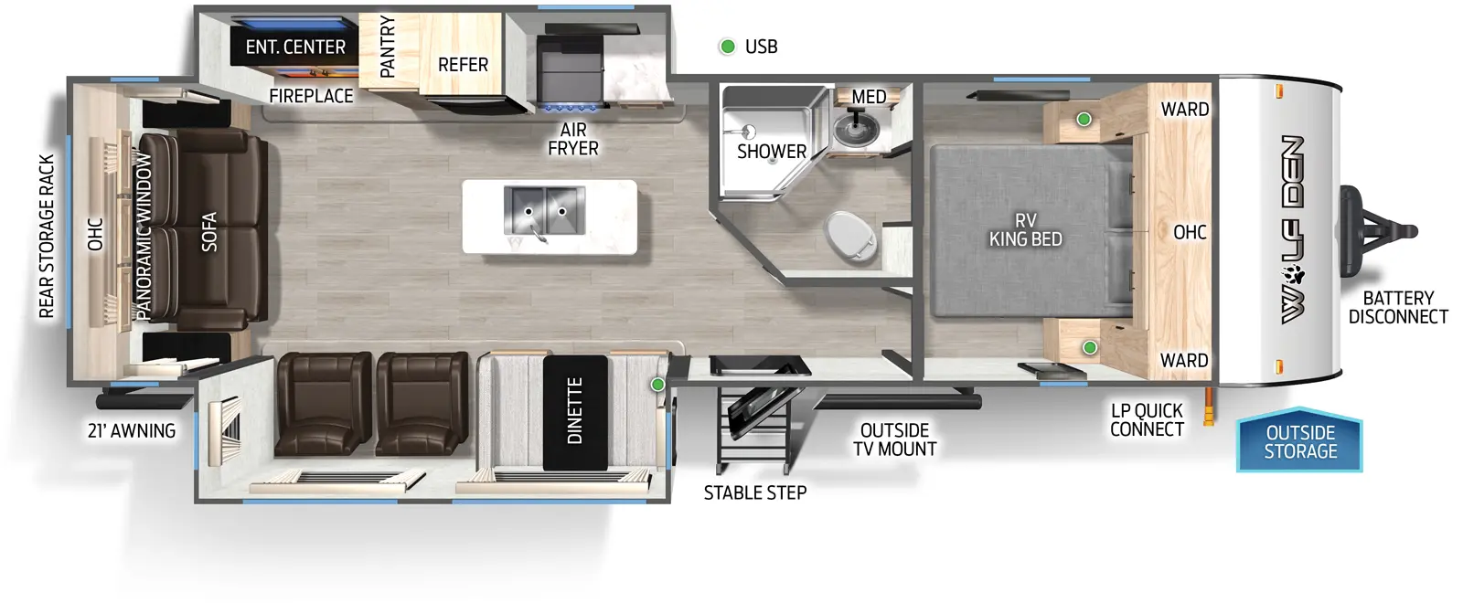 The Cherokee Black Label 274WKBL floorplan has one entry and two slide outs. Exterior features include: fiberglass exterior and 21' awning. Interiors features include: kitchen island, front bedroom and rear living.